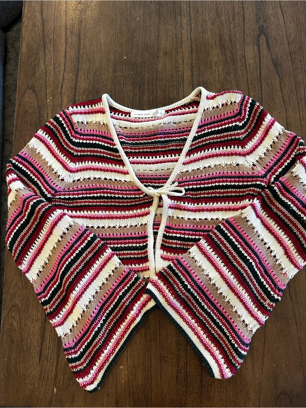 Altar’d State Women’s S Striped Open Knit Tie Front Cropped Cardigan Pink Red